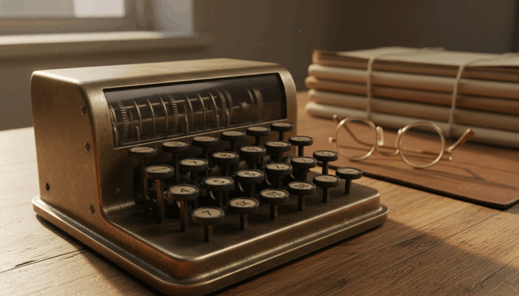 Vintage mechanical calculator on a desk representing VA disability math complexity.