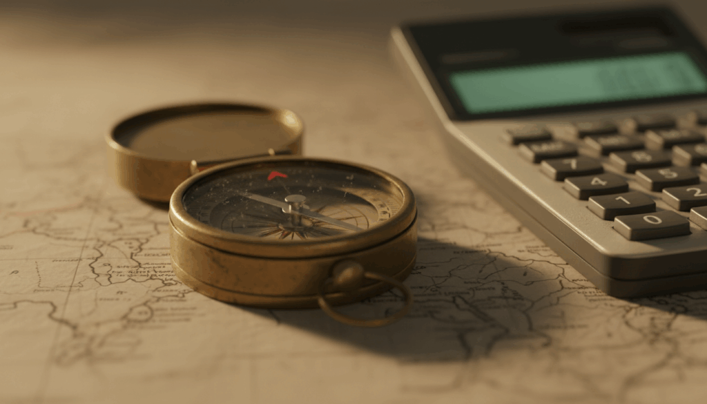 Military compass and calculator on a map representing VA disability scenario modeling.