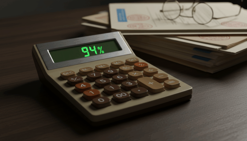 A vintage calculator displaying 94 percent on a desk with VA disability paperwork.