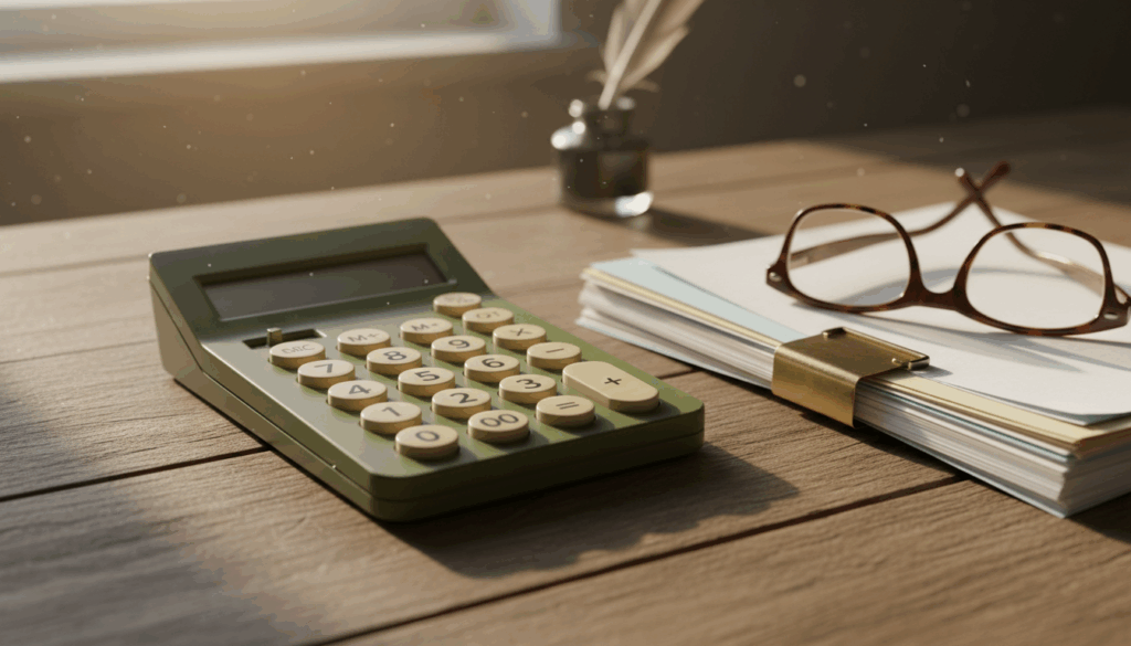 Calculator and paperwork on a veteran's desk representing VA back pay estimation.