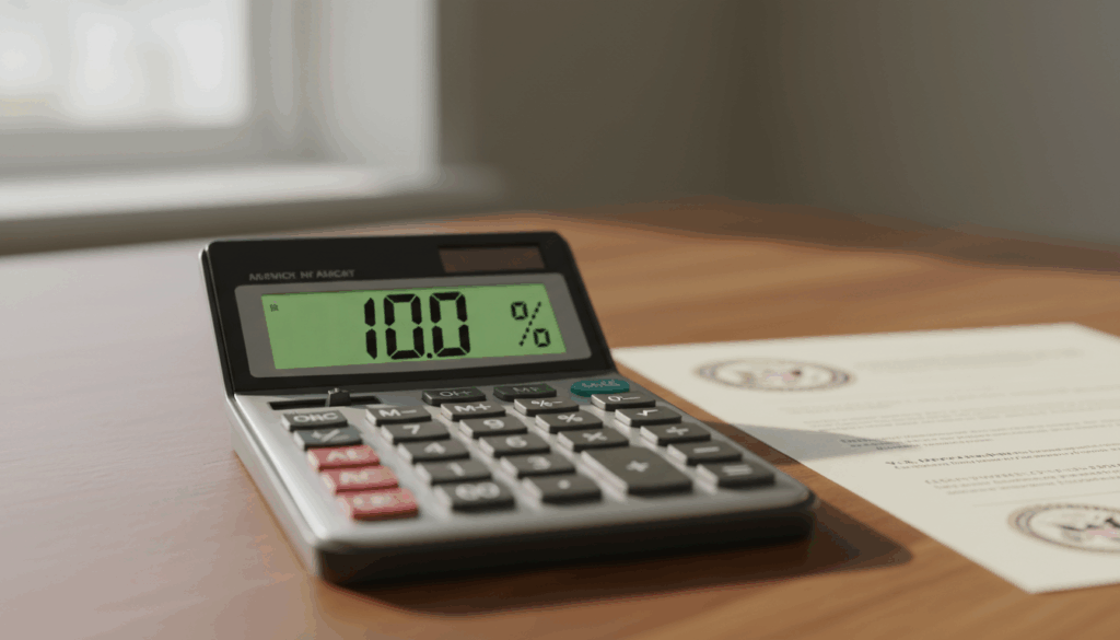 Calculator displaying 100% next to VA disability paperwork on a desk.