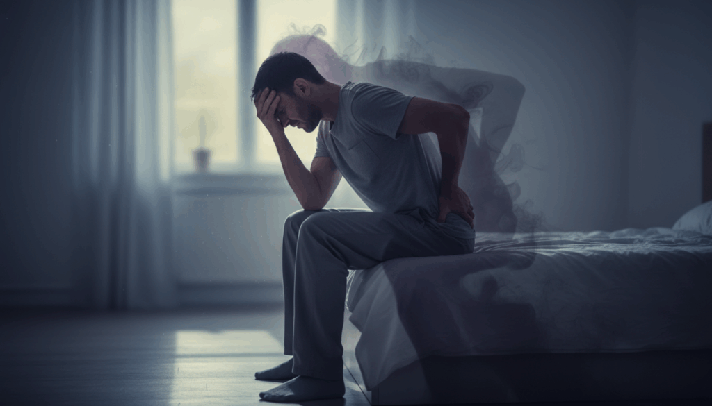 Conceptual image of veteran with back pain causing anxiety