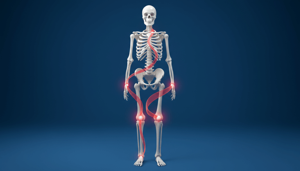 Kinetic chain diagram showing how leg injuries cause secondary back pain