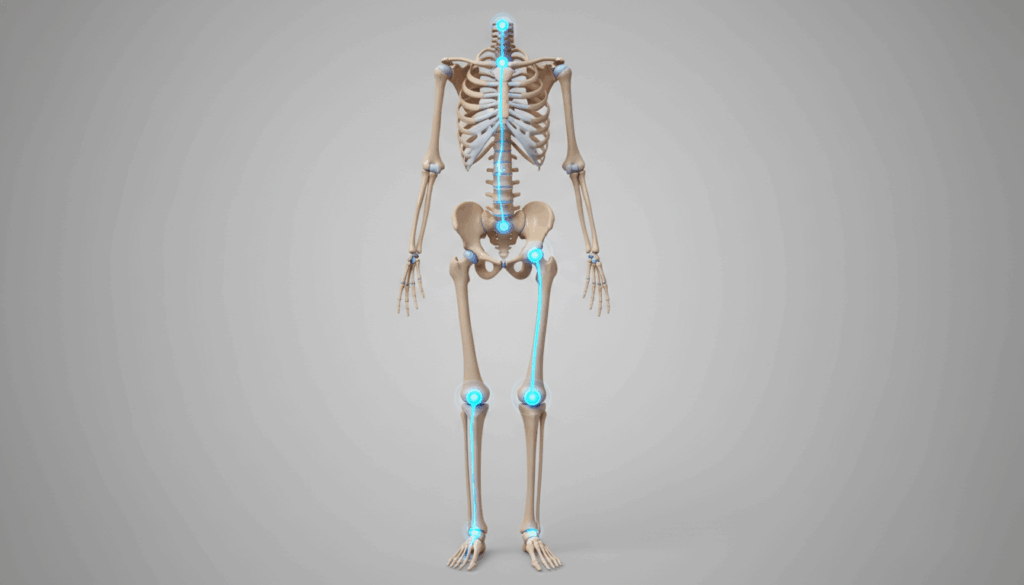Kinetic chain diagram showing how leg injuries cause secondary back pain