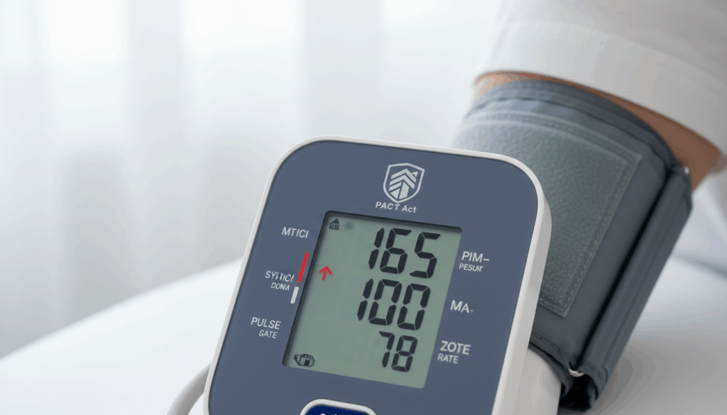 Blood pressure cuff displaying hypertension readings for VA claim