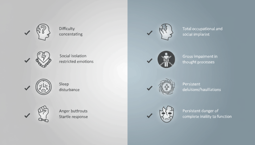 Checklist comparing 70 percent vs 100 percent VA PTSD symptoms