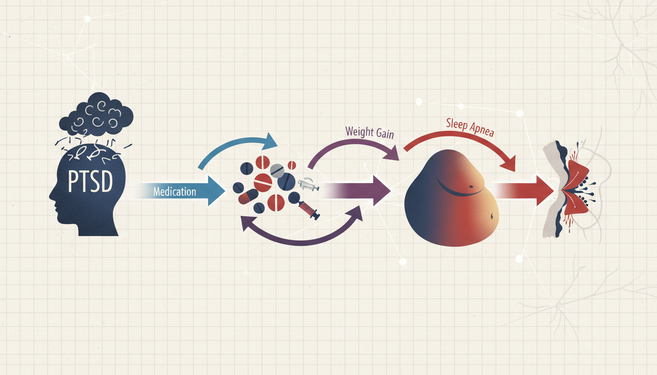 Diagram illustrating the secondary service connection path from PTSD to Sleep Apnea via intermediate steps