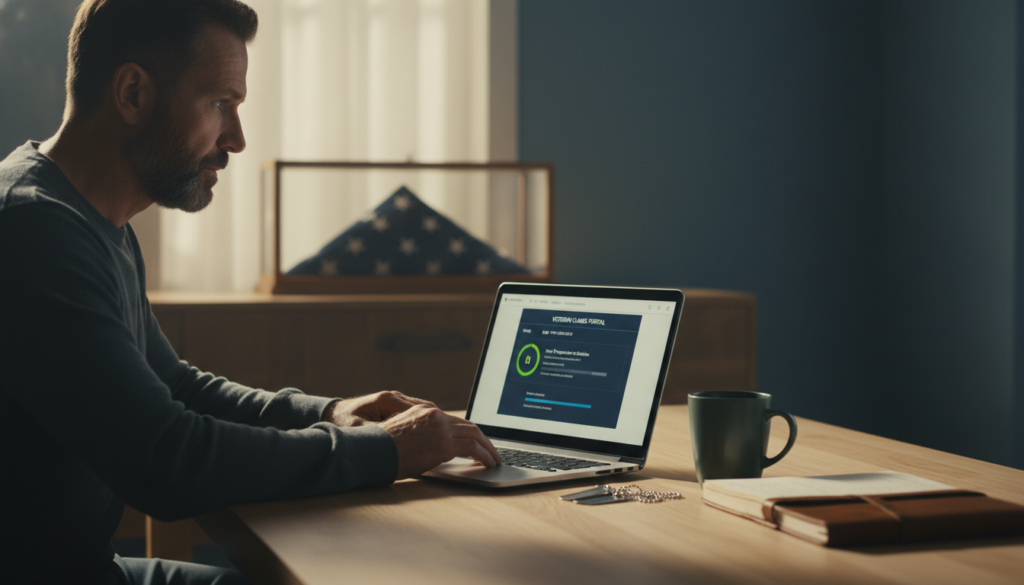 A bearded man in a grey sweater sits at a wooden table using a laptop to access a veteran claims portal. On the table are dog tags, a dark green mug, and a leather notebook. A folded American flag in a glass case is visible in the background.