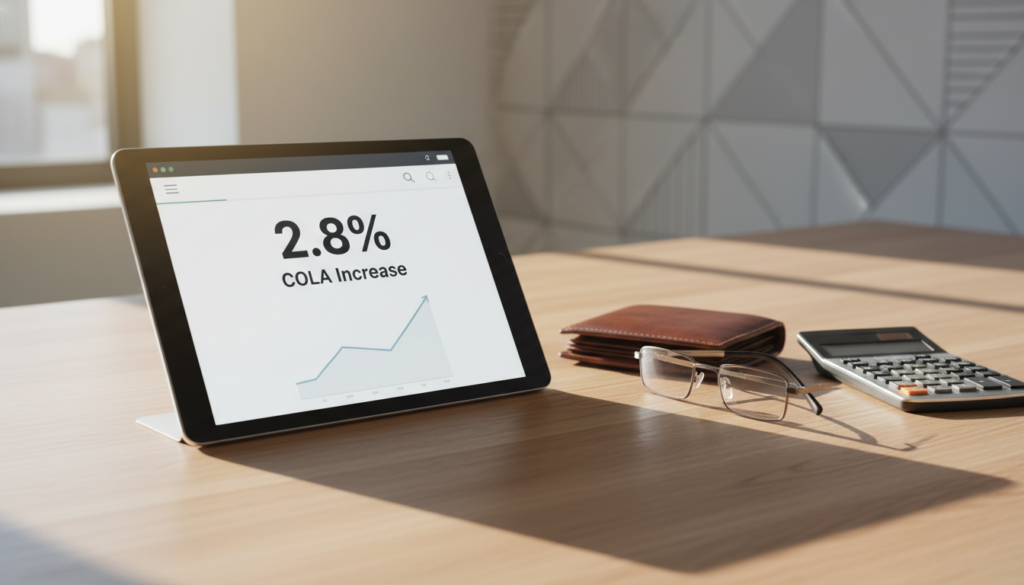 A tablet on a wooden desk displaying '2.8% COLA Increase' with a rising line graph, sitting next to a calculator, a pair of glasses, and a leather wallet.