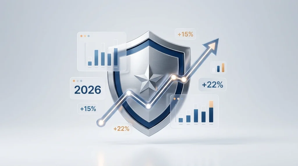 Security shield with upward-trending graphs and +15%/+22% indicators, symbolizing data protection and growth (2026).