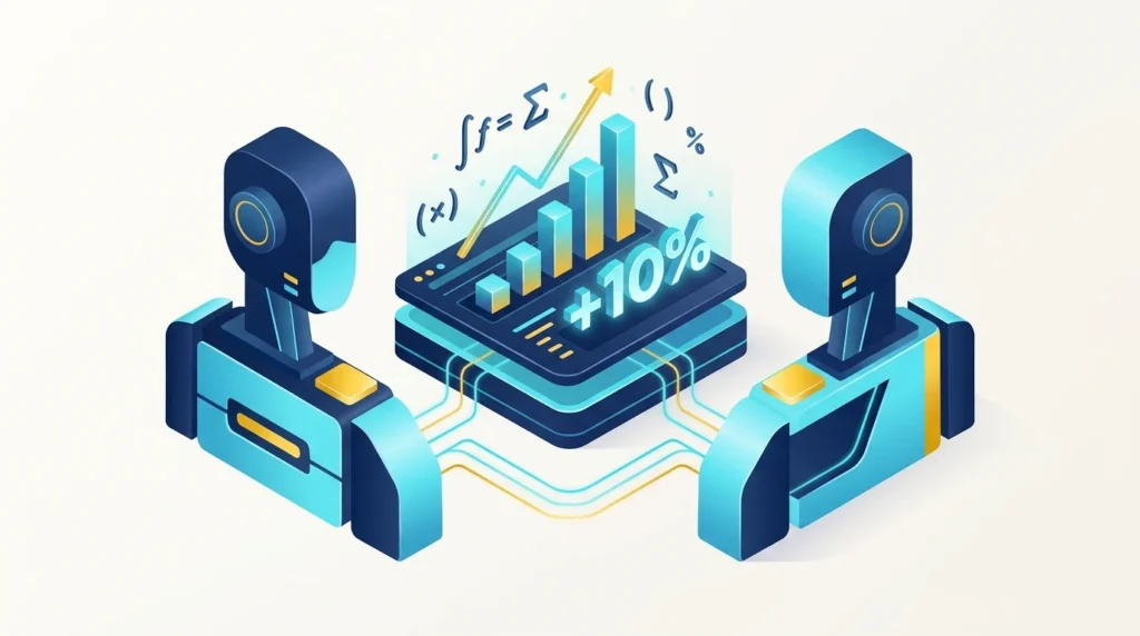 Two futuristic robotic arms connect to a central data hub displaying a rising bar chart and +10% growth.