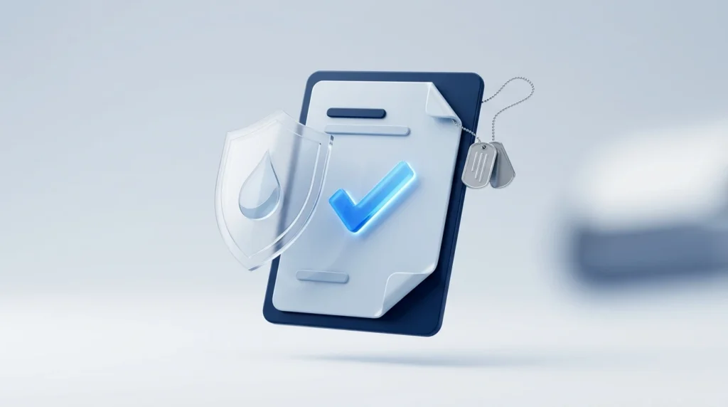 Clipboard with a shield emblem and blue checkmark, symbolizing data security and verified protection.