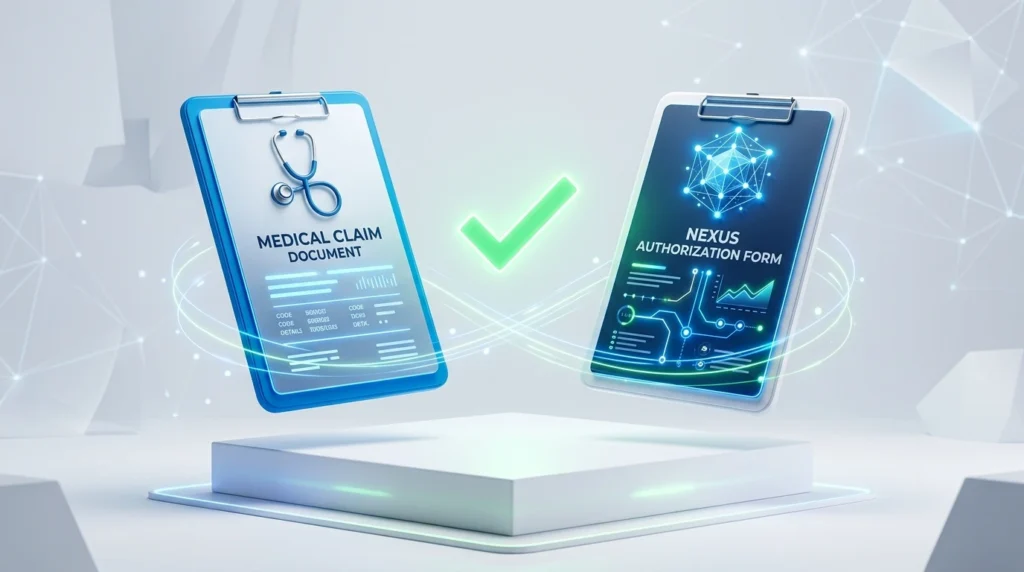 Two floating clipboards show a Medical Claim Document (left) and a Nexus Authorization Form (right) with a bright green checkmark between them, in a futuristic setting.