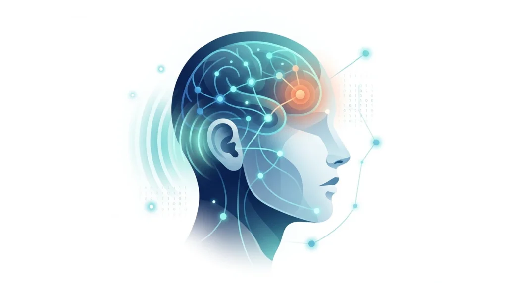 Profile of a human head with glowing neural circuits and connections, representing AI and brain activity.