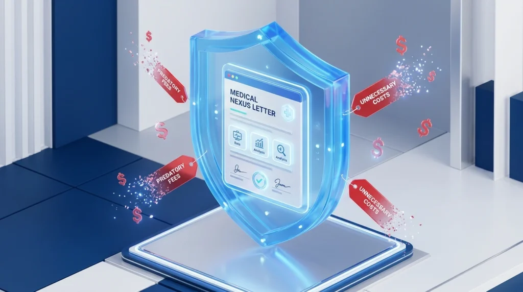 A glowing blue shield guards a digital medical letter interface on a tablet, with red tags about predatory and unnecessary costs floating around to symbolize healthcare charges being kept at bay.