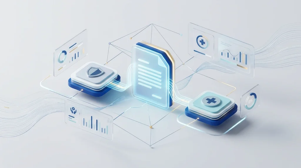 Futuristic medical data hub with a glowing central tablet connected by light lines to health icons and charts.