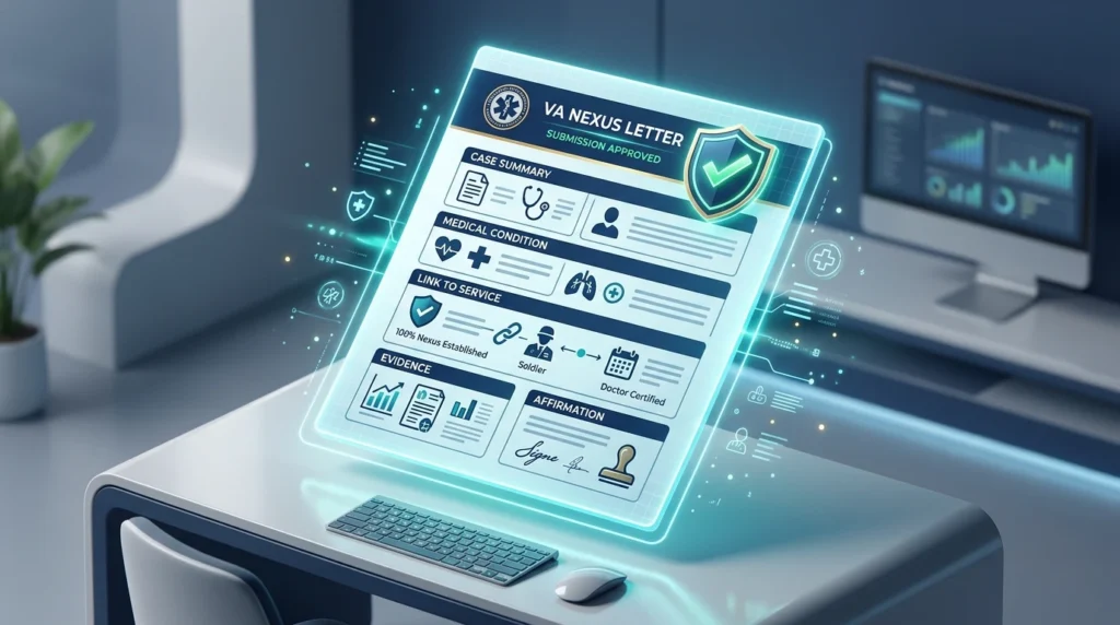 Holographic VA Nexus Letter document with a shield and checkmark hovering over a desk setup.