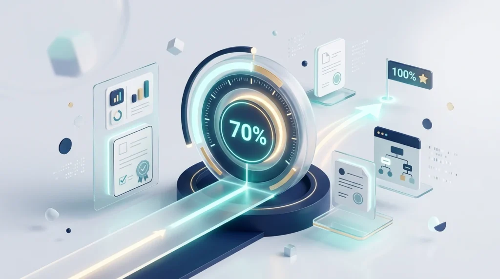 Futuristic data dashboard with a glowing 70% progress dial and hovering analytics panels.