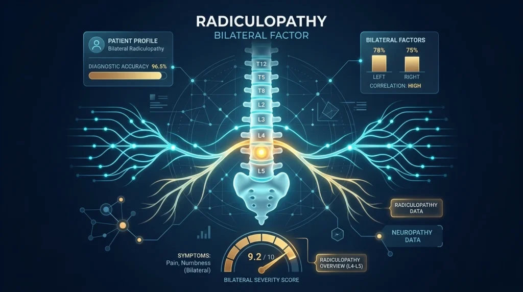 Futuristic spine infographic about radiculopathy with glowing nerves, a central lumbar spine, and data panels on left and right showing diagnostic accuracy and bilateral factors.